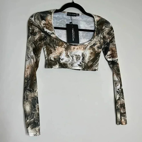 Brown Marble Print Long Sleeve Crop Top - Picture 5 of 10